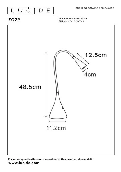 Lucide ZOZY - Desk lamp - LED Dim. - 1x4W 3000K - Black - technical